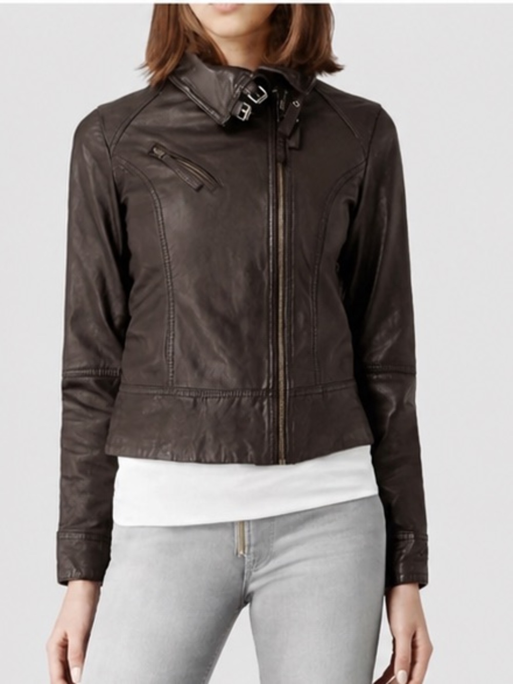 All Saints Belvedere Leather Jacket in Rich Chocolate Brown
